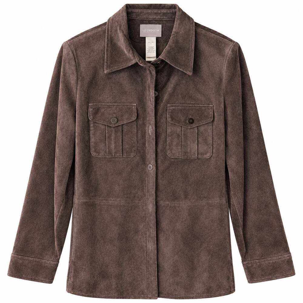 Liz Claiborne Collection Petite Brown Suede Shirt Jacket Snap Pockets PM NWT